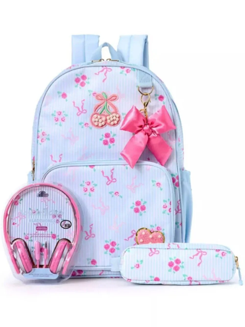 NWT Locker Club Floral Backpack Set with Pencil Pouch, Bow Charm & Headphones